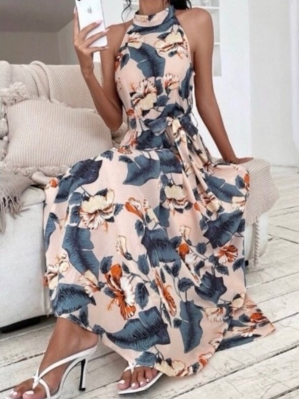 Dress. Peachy Cream/Multi Color Tropical Floral Print Maxi Length Sizes XS and S - Picture 1 of 4